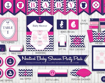 Nautical Themed Baby Shower Printable Party Pack, Party Decorations, DIY Party, Pink Party