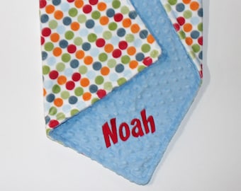 PERSONALIZED Baby Blanket, Polka Dots Blanket, Baby Boy Blanket, Double Minky Blanket or Lovey with Sky Blue Minky - Or Choose Solid Color