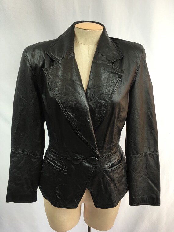 Vintage 80's Black Soft Leather Jacket Mod Style Buttons