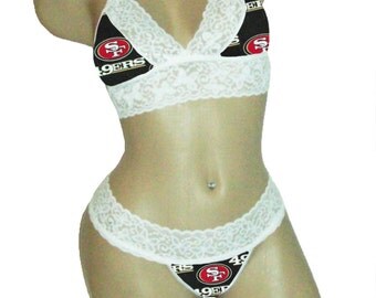 Sexy San Francisco 49ers Print 2 NFL Lingerie White Lace Cami Bralette Top and Matching G-String Panty Thong CUSTOM Sizing