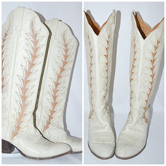 Vintage Dan Post Made In Spain Womens White and Tan Leather