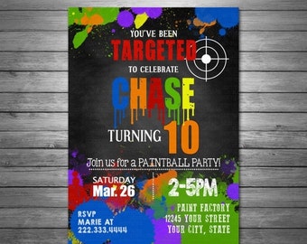 SALE Paintball Invitation, Printable File, Paintball Party invite, Paintball Birthday Invitation, Paint Splatter, Paintball Thank You Card