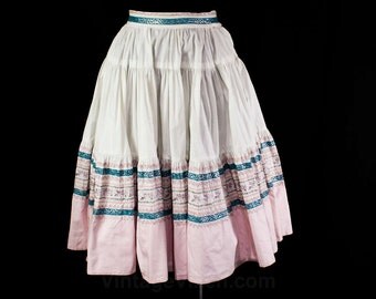 XL 1950s Patio Skirt - 50s Rockabilly - Fresh White Cotton - Pink & Teal Blue - Silver Rick Rack - Squaw Full Skirt - Waist 33.5 - 45884