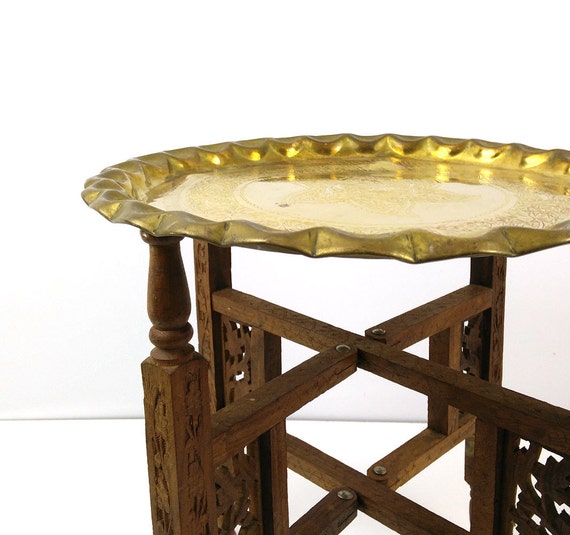 Folding Brass Tray Table / Hammered brass / Collapsible Wood