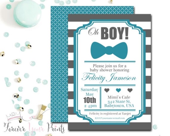 GRAY AND TEAL Boys Baby Shower Invitations, Striped Baby Shower, Baby Shower Invitation Boy, Teal Baby Shower, Baby Shower Invite Il_570xn