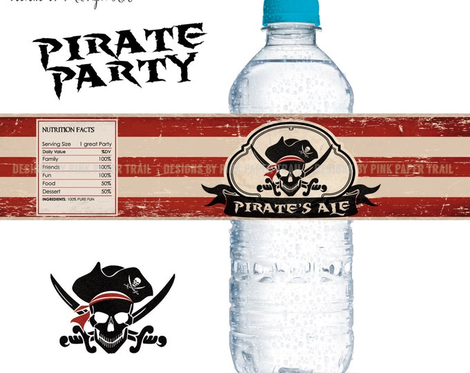 Pirate Party Water Bottle Label, Pirate Party Printables, Instant Download, Print Your Own, PDF and Jpeg