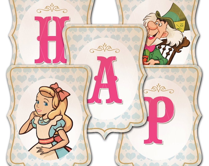Alice in Wonderland, Happy Birthday Banner, Instant Download, Print Your Own