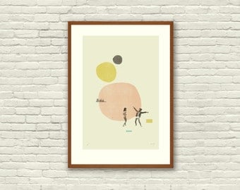 MOONRISE KINGDOM Wes Anderson Inspired Poster, Art Print - 12 x 18 Abstract Minimalist Shapes, Collage, Cut Paper, Mustard, Salmon, Fine Art