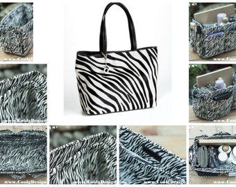 Purse organizer insert multi-pocket for handbag black white zebra Large 25x10 cm