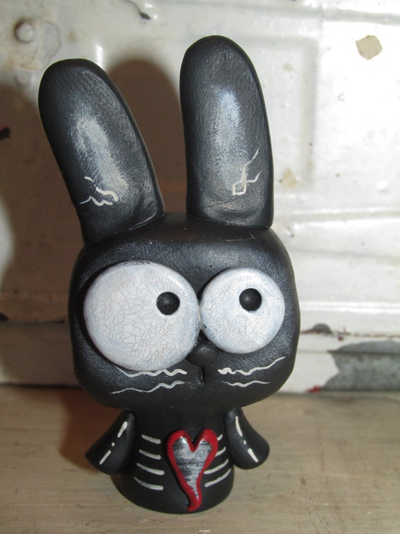 Black painted Bone Bunny twisted Easter Bunny with heart