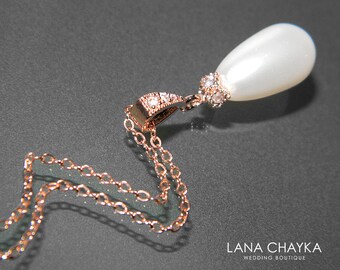 White Pearl Rose Gold Bridal Necklace Swarovski Pearl Teardrop Necklace Wedding Rose Gold Pearl Necklace Bridal Pearl Jewelry Bridesmaids