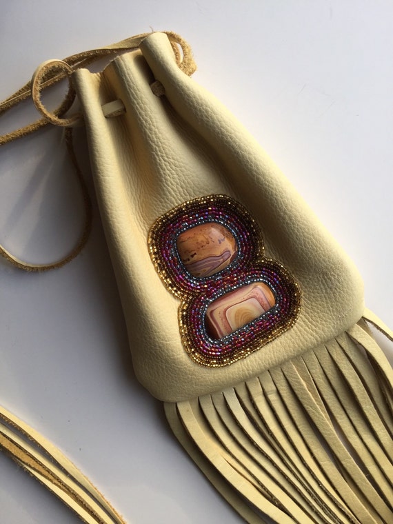 Bead embroidered leather fringe purse