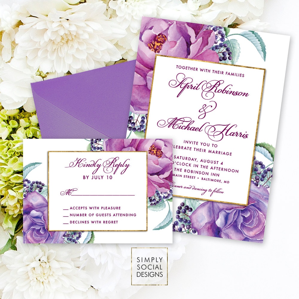 Purple Floral Wedding Invitation Suite By Simplysocialdesigns