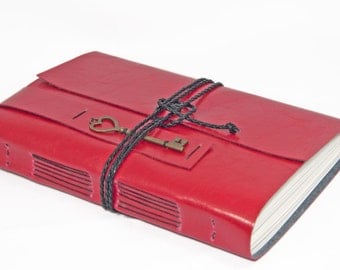 Large Faux Leather Journal with Key Charm - choice of colors - choice of paper - blank - lined - custom