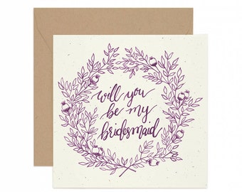 Square Wedding Be My Bridesmaid Greeting Card - Hand Illustrated - Purple and Kraft