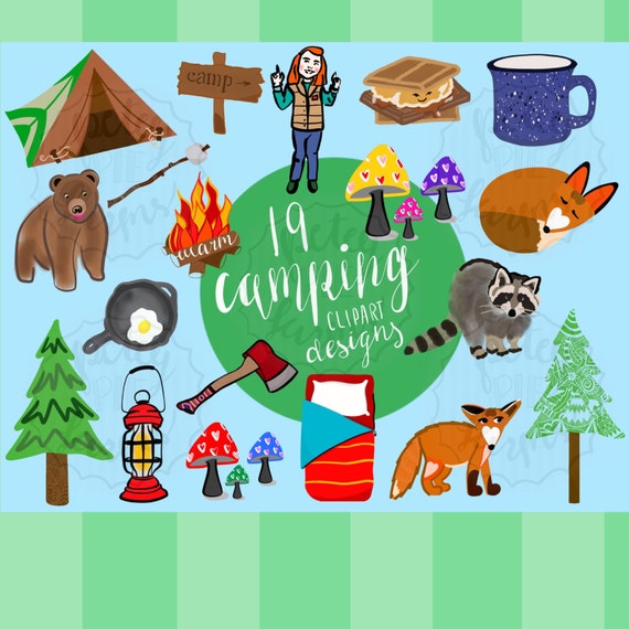 Camping clip art designs with tent s'mores campfire