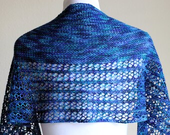 Knitted Shawl - crescent shape - blue/green lace