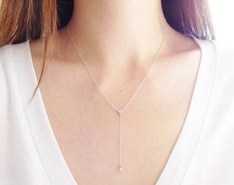 Sterling Silver Lariat Necklace, Crystal Drop Necklace, CZ Necklace, Delicate Necklace, Dainty Necklace, Long Necklace, Simple Y Necklace