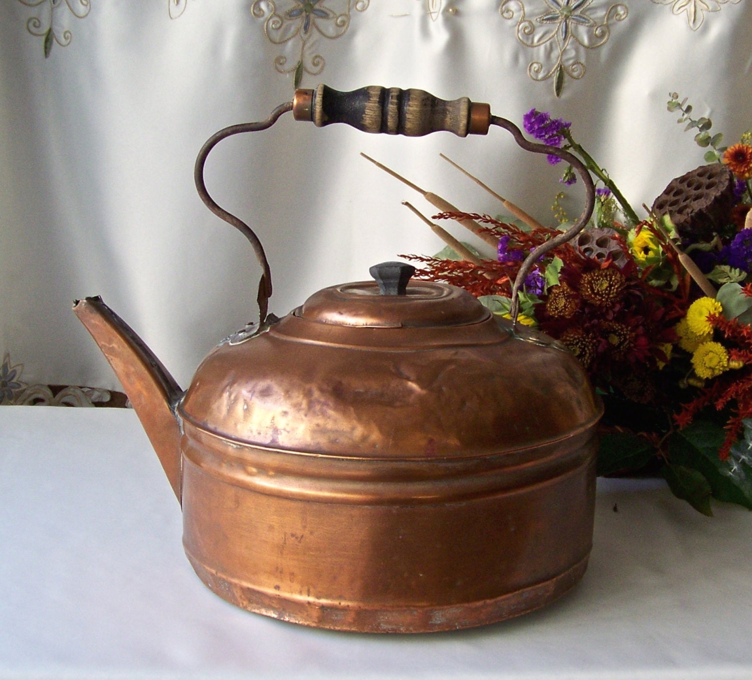 Antique Copper Teapot Decorative Wood Handle HUGE by CynthiasAttic