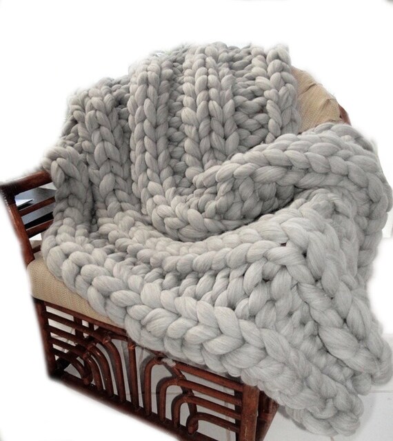 Items similar to Super Chunky GREY Blanket, Knit Blanket ...