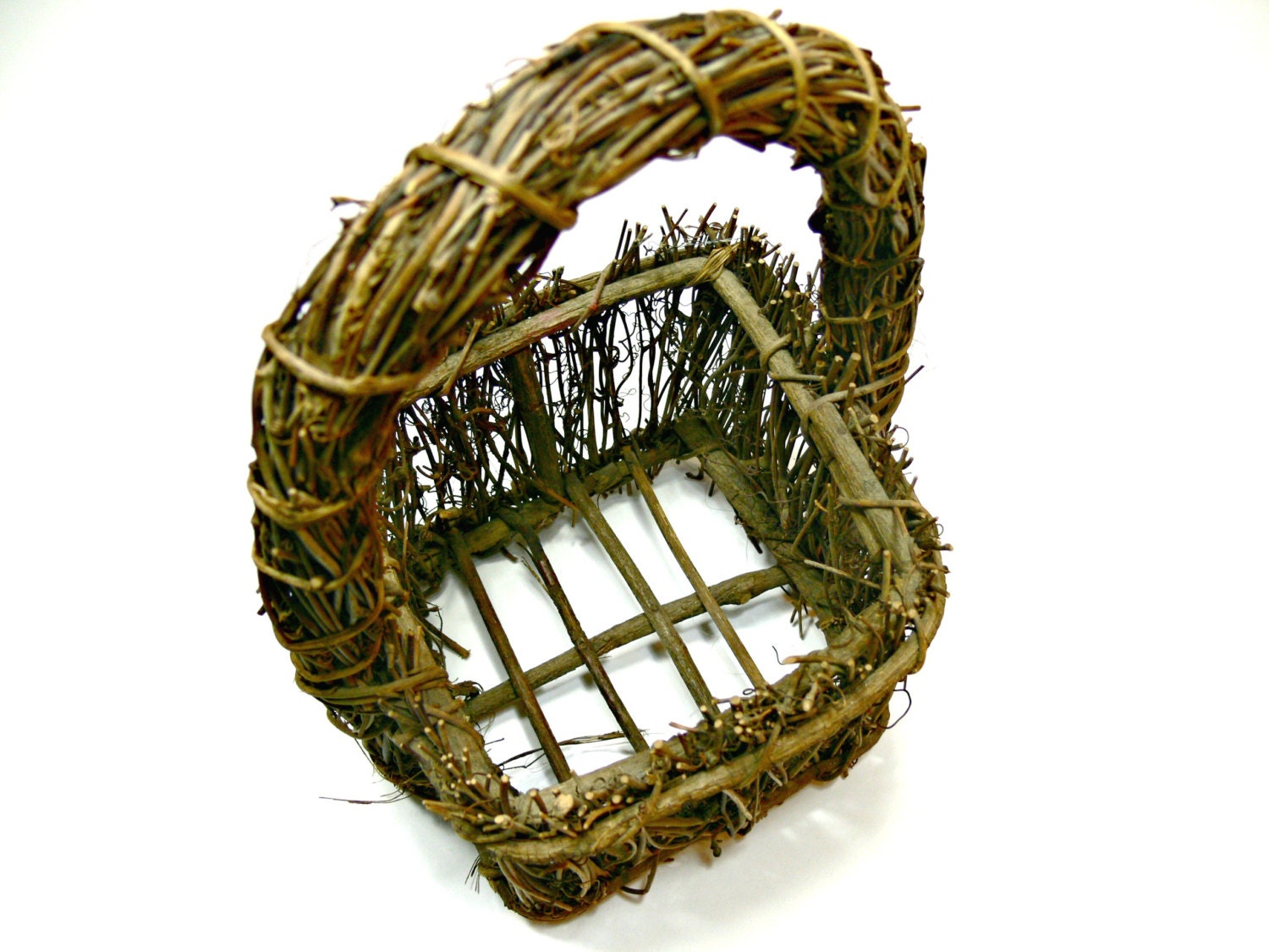 Vintage Twig Basket with Handle Rustic Woodland Farmhouse