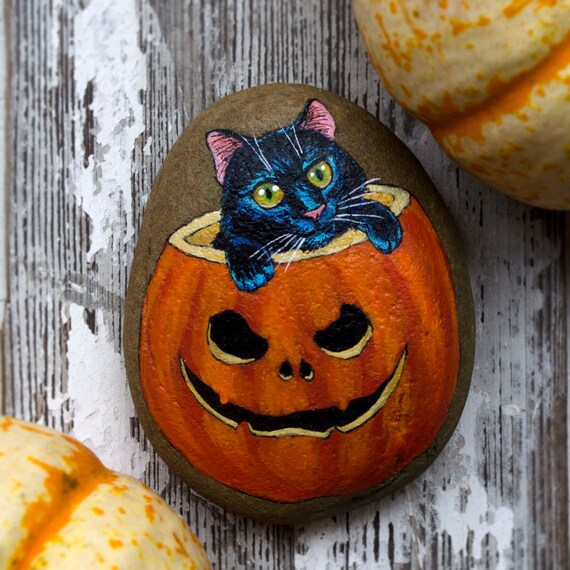 Items similar to Black cat kitten with pumpkin, Halloween, hand painted ...