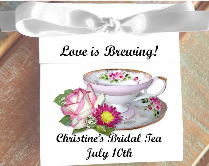 Personalized Tea Bag Party Favors Henrietta Pink White Rose Teacup perfect for a Wedding or Bridal Shower Tea Party Favors