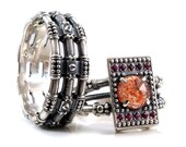 His and Hers Diesel Punk Wedding Ring Set - Sterling Silver with Sunstone and Rubies - Steampunk Engagement