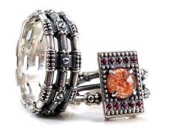His and Hers Diesel Punk Wedding Ring Set - Sterling Silver with Sunstone and Rubies - Steampunk Engagement