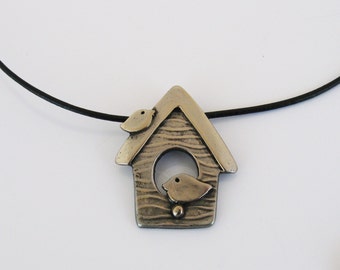 Dark Silver Colored Bird House Necklace, Bird Jewelry, Birdhouse Jewelry, Rustic Metal Jewelry, Black Leather Cord Necklace, Bird Lover