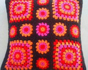 The pink orange red crochet granny square cushion cover / pillow cover