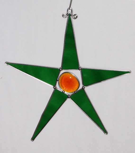 Stained Glass Large Bright Green Glass Star Orange Center