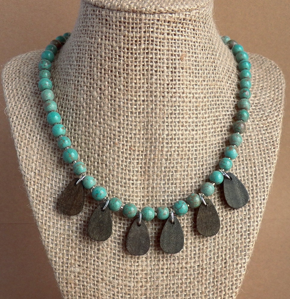 Turquoise Magnesite Necklace Wood Tear Drop Pendant Beaded