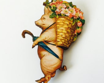 Pig in Clothes Carrying Flowers Brooch Animal like a Human Birthday Wooden Pin Birthday Gift for Stocking Filler Stuffer Jewellery Pin
