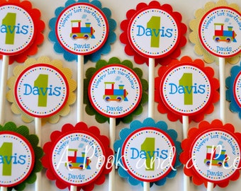 Bright Train Choo Choo Birthday or Baby Shower Cupcake Toppers