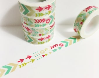 Dark Pink Mint Green Lime Green Beige Arrows Chevron Arrow Washi Tape 11 yards 10 meters 15mm