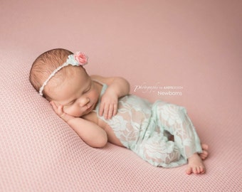 Newborn Lace Romper and Tie back Set, Sea Green Stretch Lace with Yarn and Flower Tie Back, Newborn Photography Prop, Lace Romper, Baby