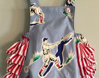 Baseball Bubble Romper with Red & White Striped Ruffles