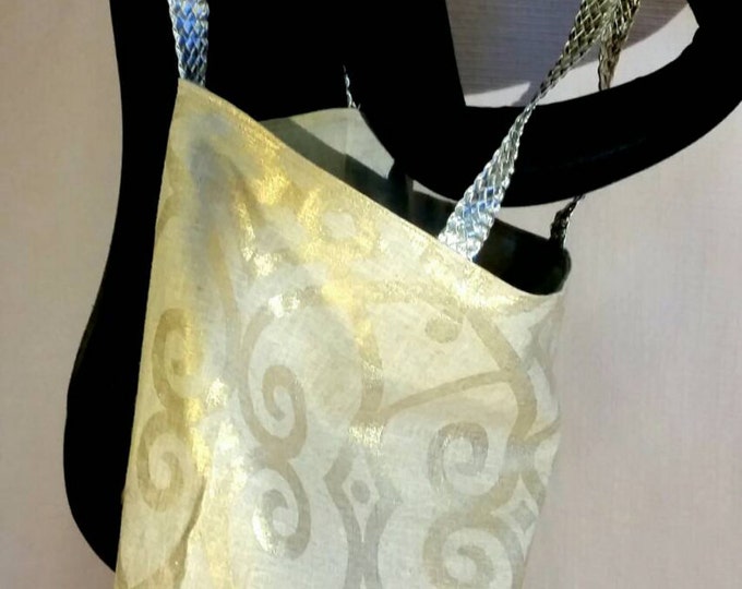 Tote Bag, Reversible Gold Printed Canvas Shopper Tote with Braided Gold Faux Leather Straps