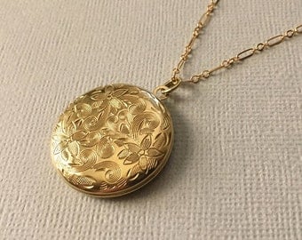 Gold Locket Necklace -Gold Round Locket - Gold Victorian Locket -Large Gold Locket -Poinsettia Locket -Beautiful Gift