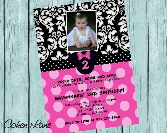 Sweet Printable Minnie Mouse Birthday Invitation. Disney Party Invitations. Minnie Mouse Birthday Party Invite. Polka dots and Damask. Il_570xn