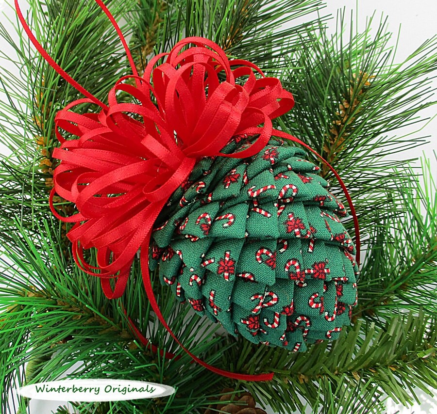 Fabric Pinecone Ornament Dark Green with Candy Canes