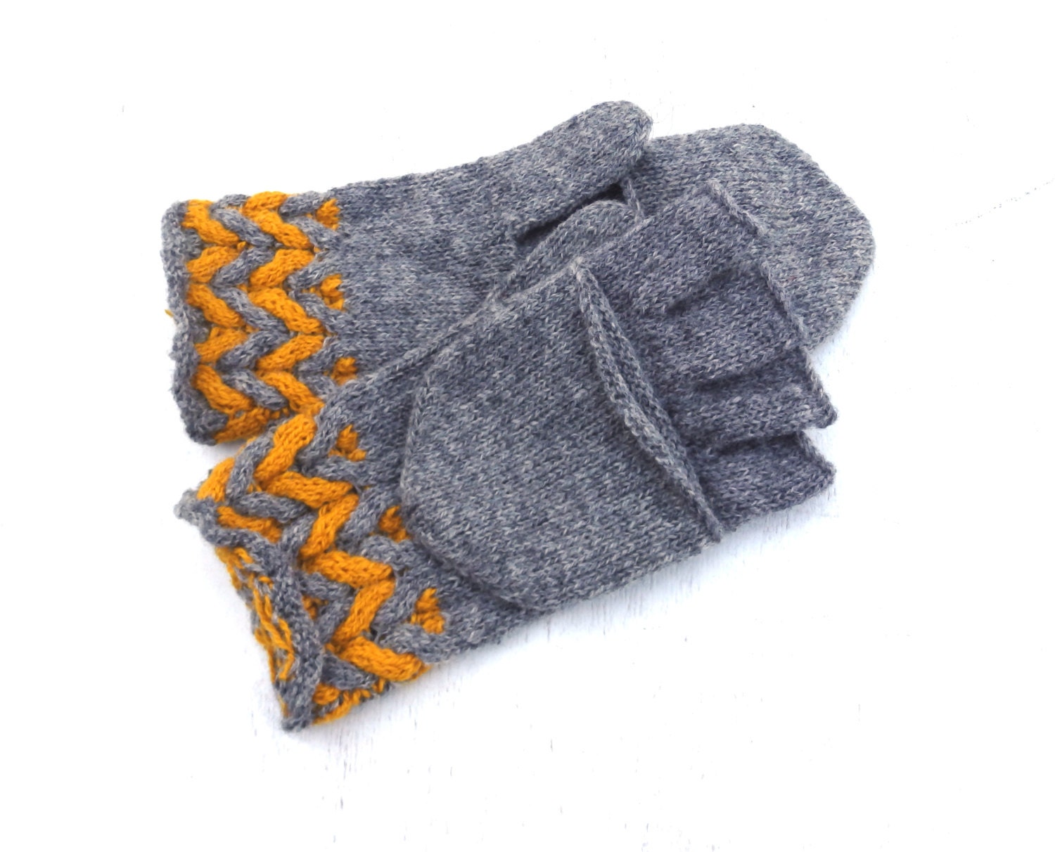 Hand knitted convertible gloves knit gray wool hooded gloves
