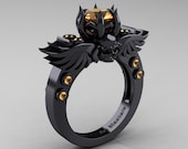 Art Masters Classic Winged Skull 14K Black Gold 1.0 Ct Peach Sapphire Solitaire Engagement Ring R613-14KBGPES