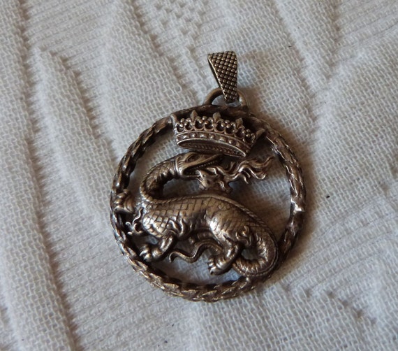 Vintage French necklace pendant w royal salamander w crown of