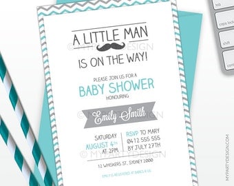 Little Man Baby Shower Invitation - Mustache Party Invitation - Turquoise Grey - PRINTABLE JPEG or PDF file