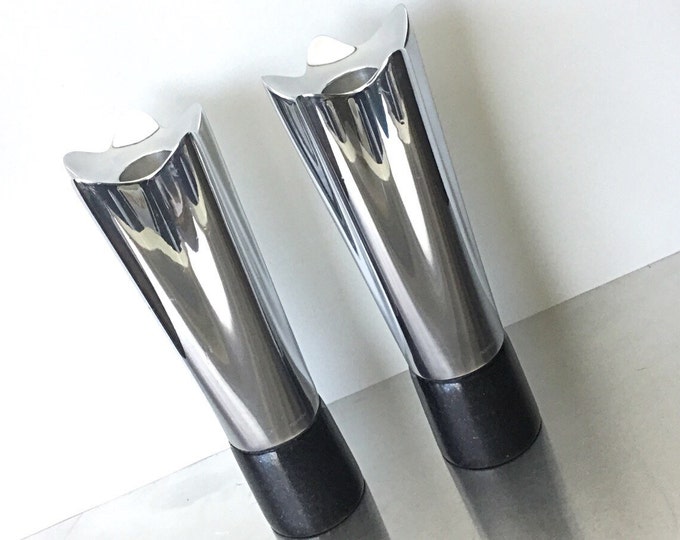 Mod RETRO Chrome Vintage Nambe Candle Stick Holders, Contemporary Modern Candle Holders, awesome retro design Silver Chrome black marble