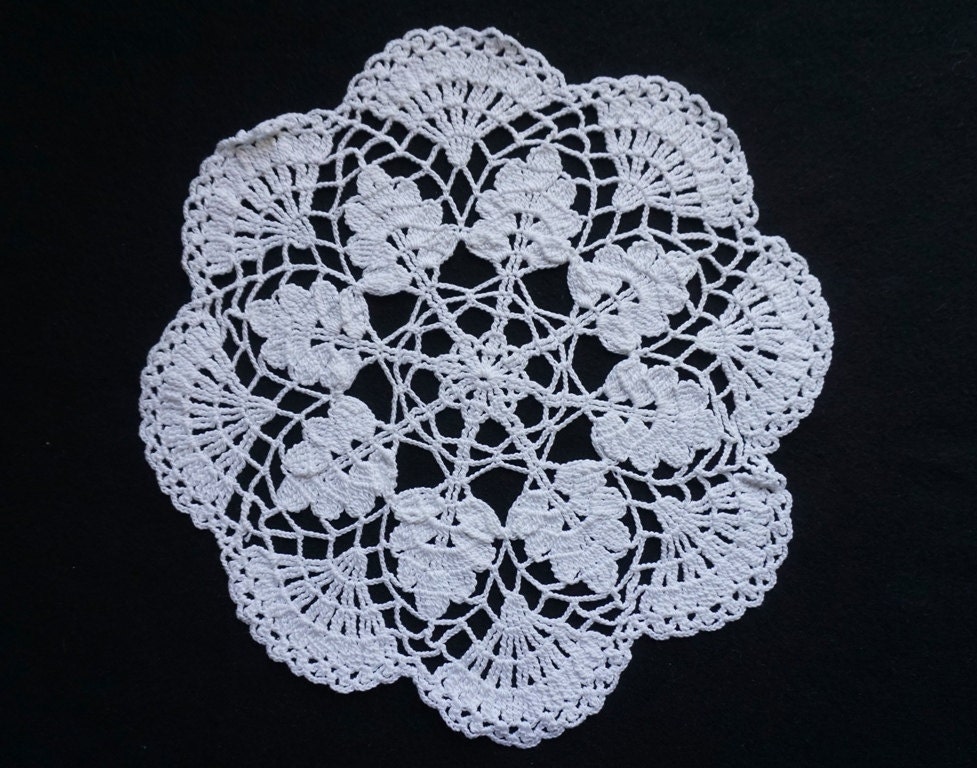 Crocheted Doily in Leaf Pattern White 12 inches in diameter