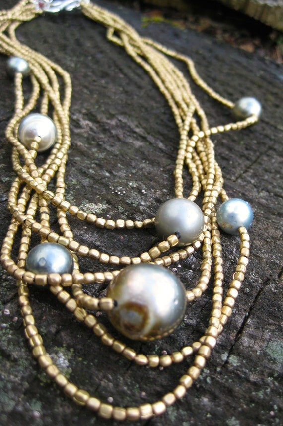 ASTRID Mutli Strand Brass Necklace with Tahitian Pearls and