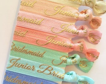 Junior Bridesmaid hair ties (5) with gold writing, will you be my Junior Bridesmaid, junior bridesmaid proposal gift, junior bridesmaid box
